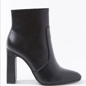 black zip up block heel booties